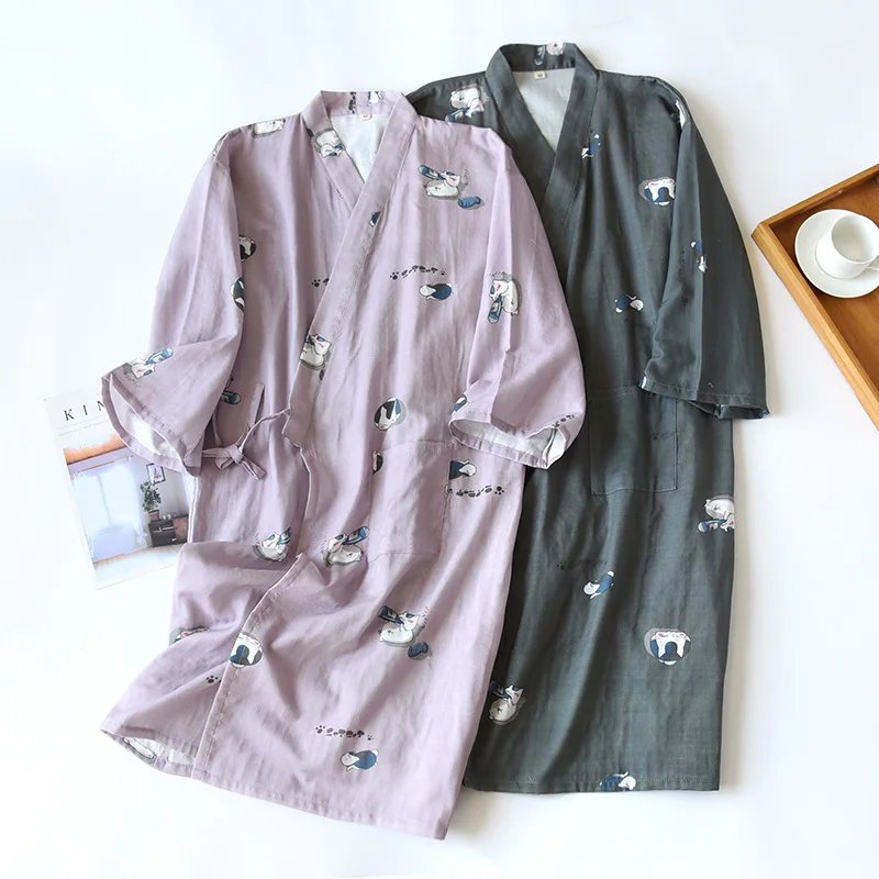 

Japanese Kimono Bathrobe 2021 Men Women Cotton Fashion Yukata Cute Print Robes Casual Loose Female Nightgown Sleepwear