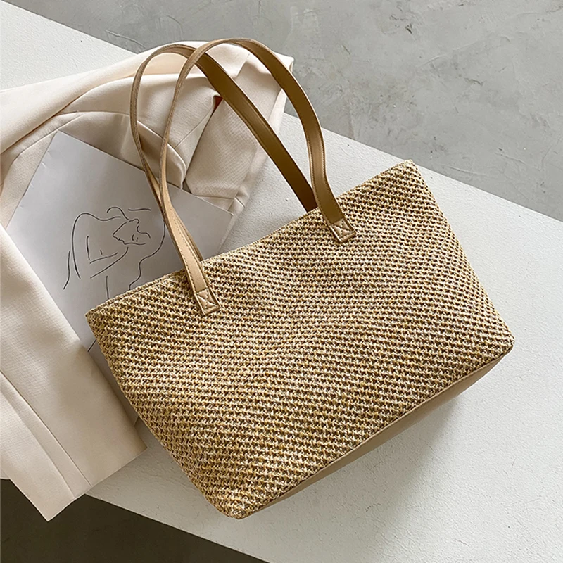

Casual Straw Large Capacity Tote For Women Wicker Woven Shoulder Bags Rattan Handbags Summer Beach Travel Big Purses Female sac