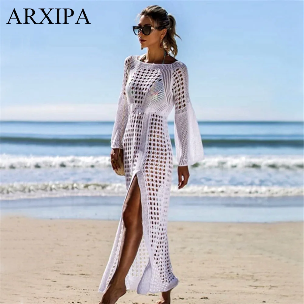 ARXIPA вязаное крючком пляжное платье открытое сексуальные макси платья Сарафан с