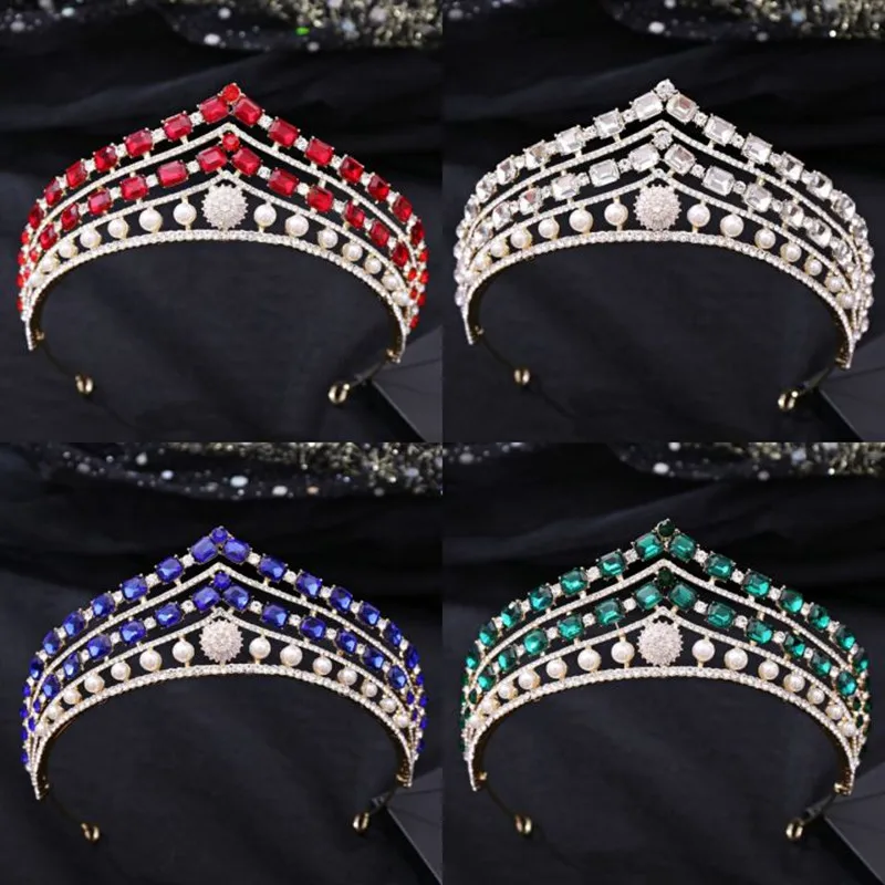 

Luxury Square Crystal Crown Women Full Rhinestone Bridal Tiaras Crowns Queen Pageant Diadem Pearl Headband Wedding Hair Jewelry