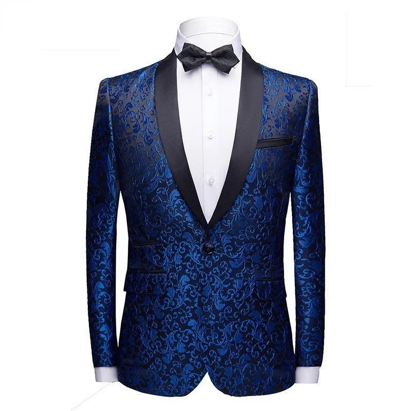 

Men Fashion Floral Jacquard Dress Blazer Gentleman Shwal Lapel Slim Fit Party Wedding Prom Suit Jacket Male Costume Homme