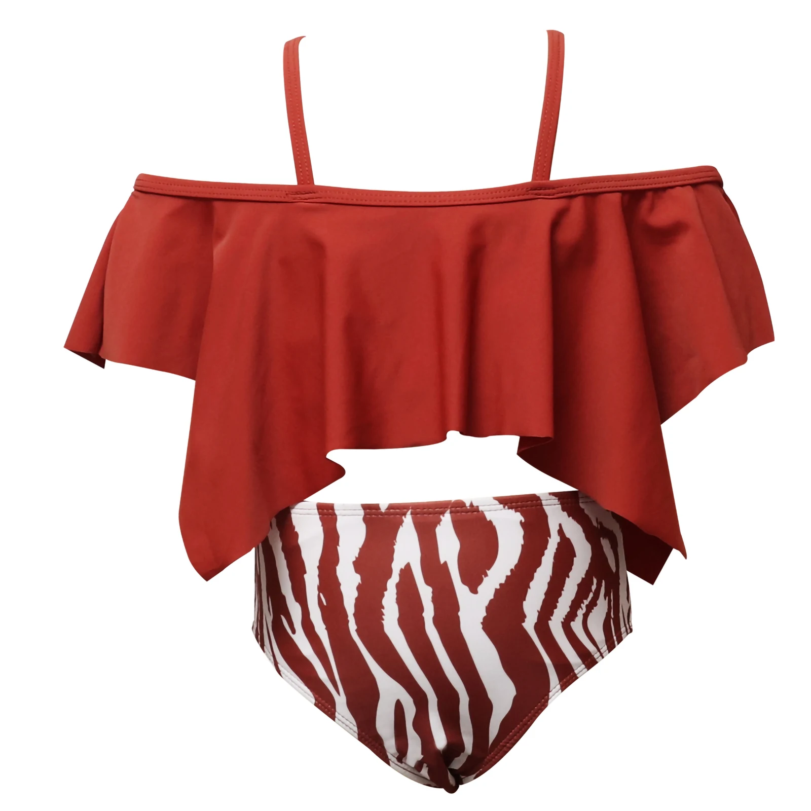 

2021 енский кђпалник Family Matching Swimwear Off Shoulder Falbala Caramel Colour Bikini Bathing Suit Swimwear