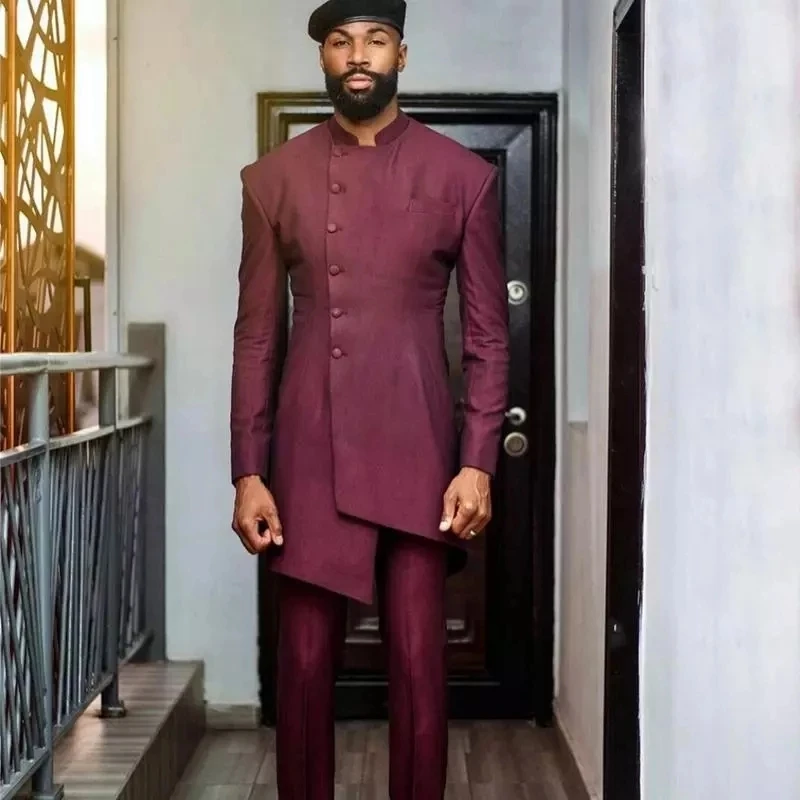 

2021 New Arrival Men Suit Wine Red Stand Collar Casual Tuxedo Evening Dress Lengthen 2 Piece (Blazer +Pants) Wedding For Man