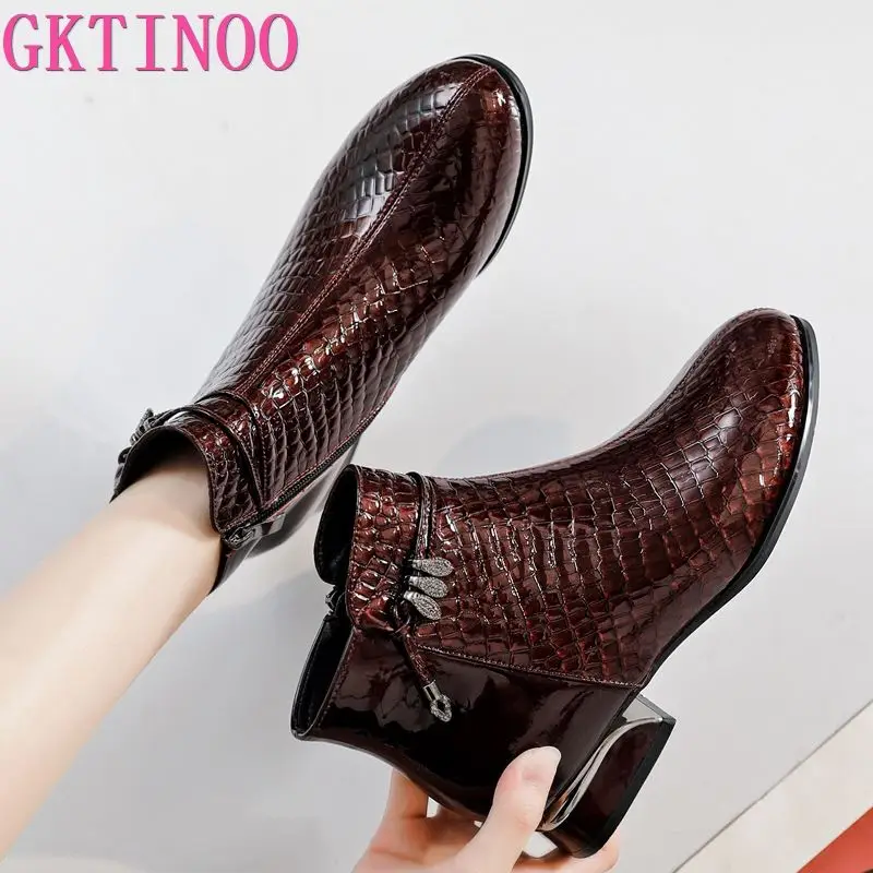 GKTINOO Fashion Women Boots Pointed Toe Genuine Leather Ankle Boots 2023 Winter Warm Fur Plush Women Shoes Big Size 43