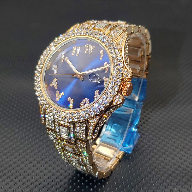 

Waterproof Men Quartz Wristwatches Stylish Classic Ice Out Diamond Bezel Sunburst Dial Watch For Male Calendar Diver Wholesale