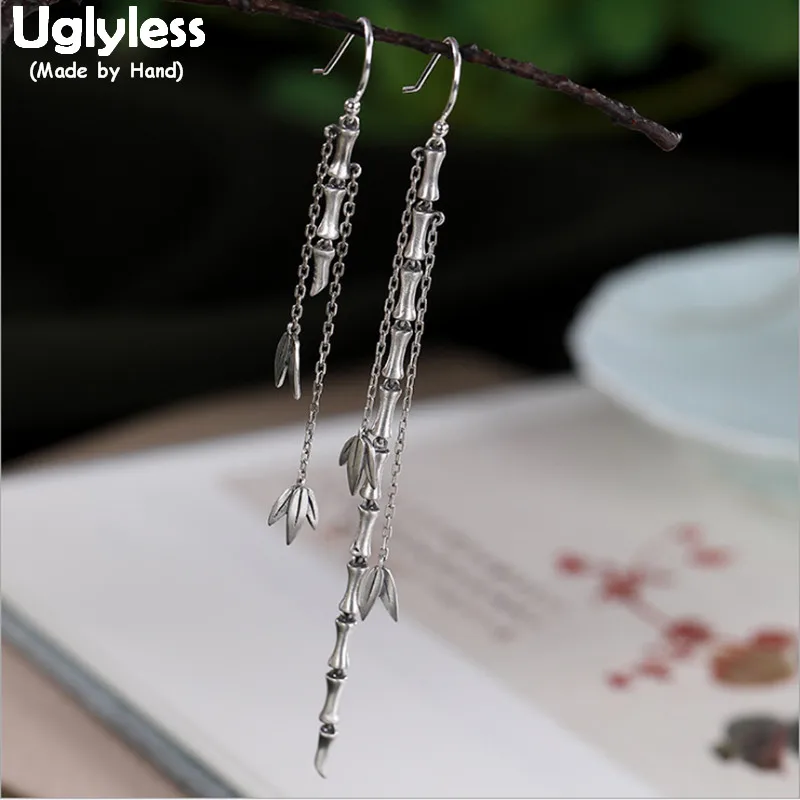 

Uglyless Asymmetric Design Short Long Bamboo Earrings Women Ethnic Thai Silver Bamboo Leaves Tassels Earrings 925 Silver Brincos