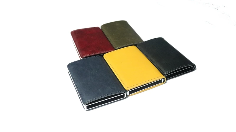 RFID Blocking Credit Card Holder Genuine Leather Men ID Card holder Mini Wallet Vintage Metal Automatic Anti-theft Card Wallet