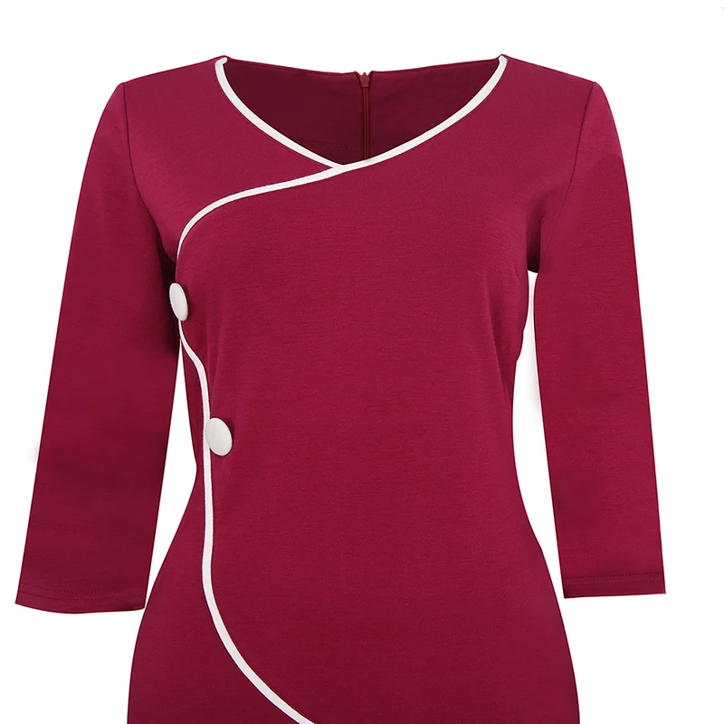 

Womens Vintage Brief Split Bottom Elegant Casual Work 3/4 Sleeve Deep O-Neck Bodycon Knee Women Office Pencil Dress 663