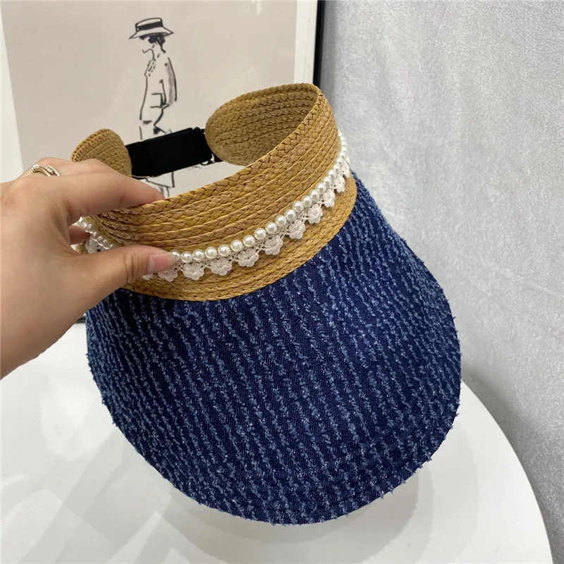

202106-JX summe rDenim patchwork paper grass pearl lace ribbon sport without beach lady sun cap women leisure hat