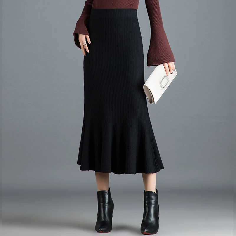 Женская трикотажная юбка-свитер средней длины с высокой талией | одежда