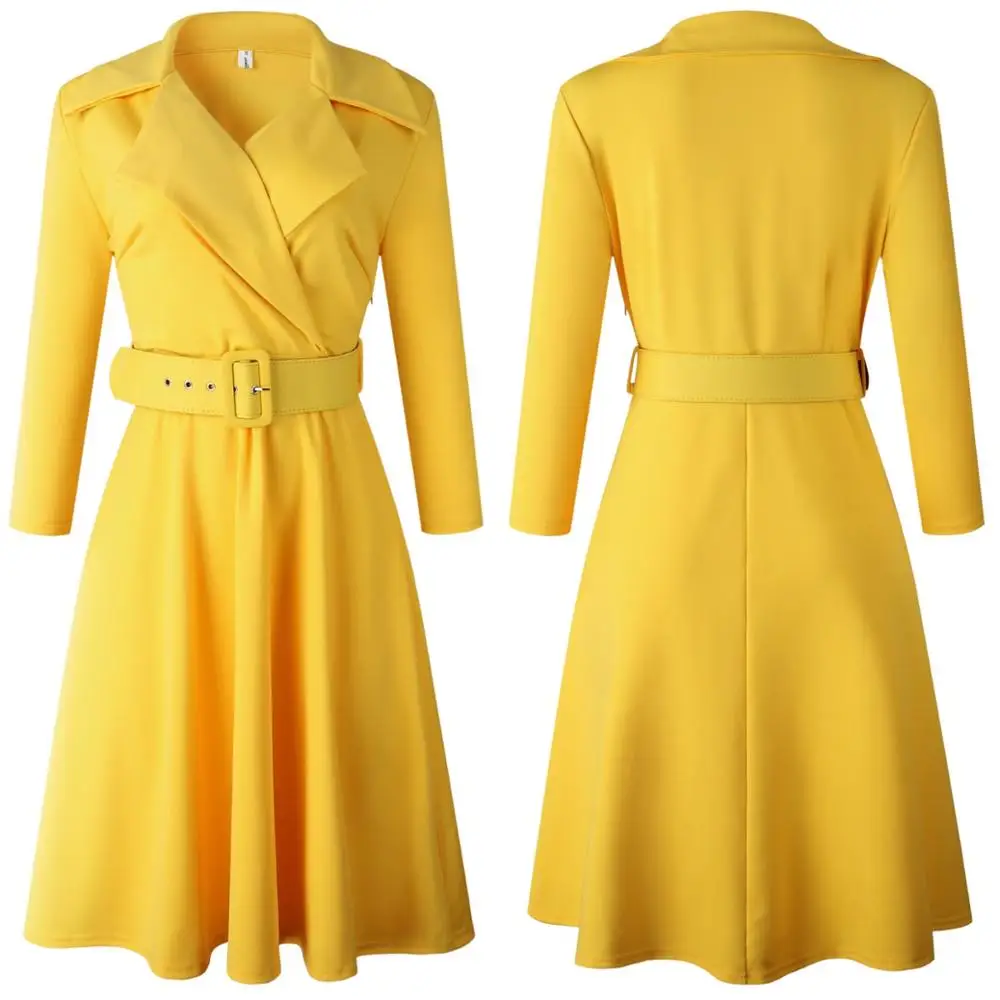 

Office Ladies Deep V Neck Turn Down Collar High Waist Belted Fashion Yellow Women African Ladies Work Wear Plus Size Midi Dress