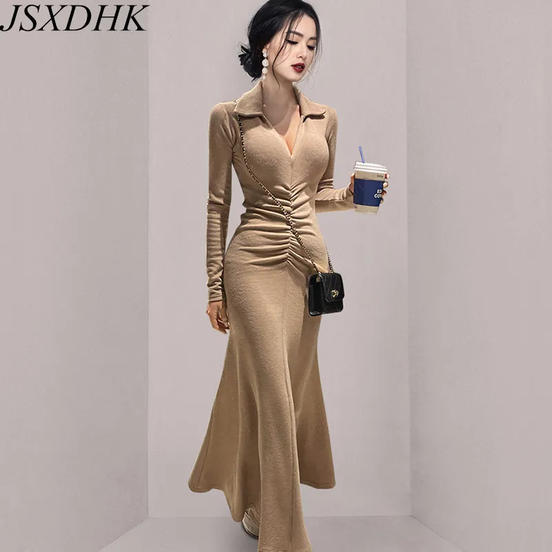

2021 New Winter Knitted V Neck Long Dress Elegant Women Solid Color Ruffles Bodycon Slim Waist Mermaid Vestidos Korean Style
