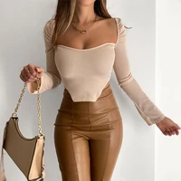 autumn new style solid color temperament square neck fashion ribbed long sleeved top women casual office lady clothing