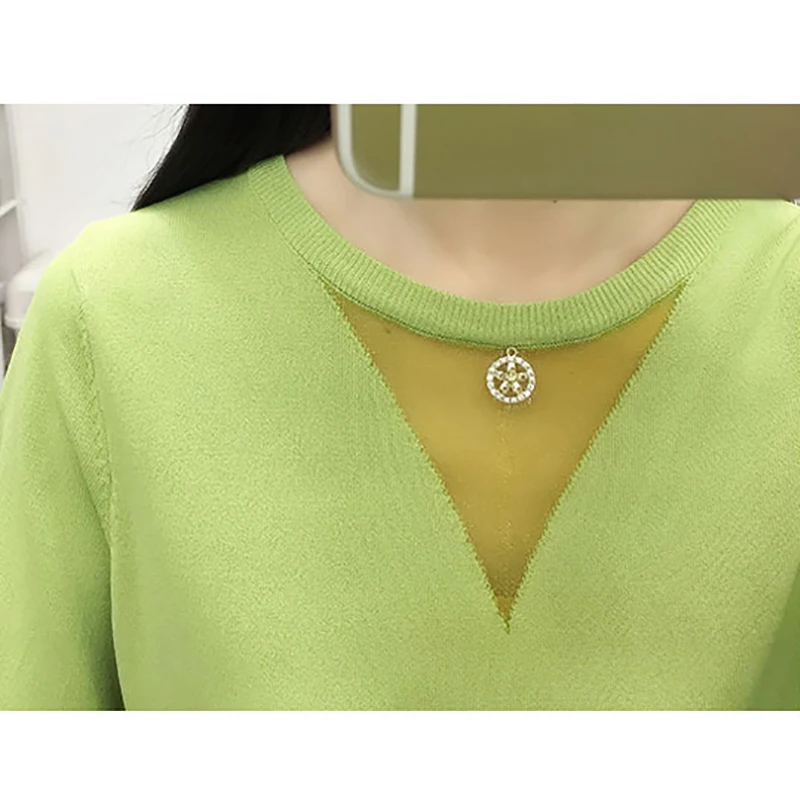 Женский тонкий трикотажный пуловер с коротким рукавом сеткой в стиле пэчворк