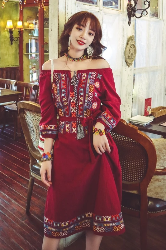 

Dresses Bohemian Summer Ethnic Style Machine Embroidery Tassel Cotton and Linen off-Shoulder Trip Shoot Dress Kawaii Floral