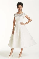 ankle length cap sleeve illusion wedding dress cmk513 applique lace with crystals short sleeves bridal dress