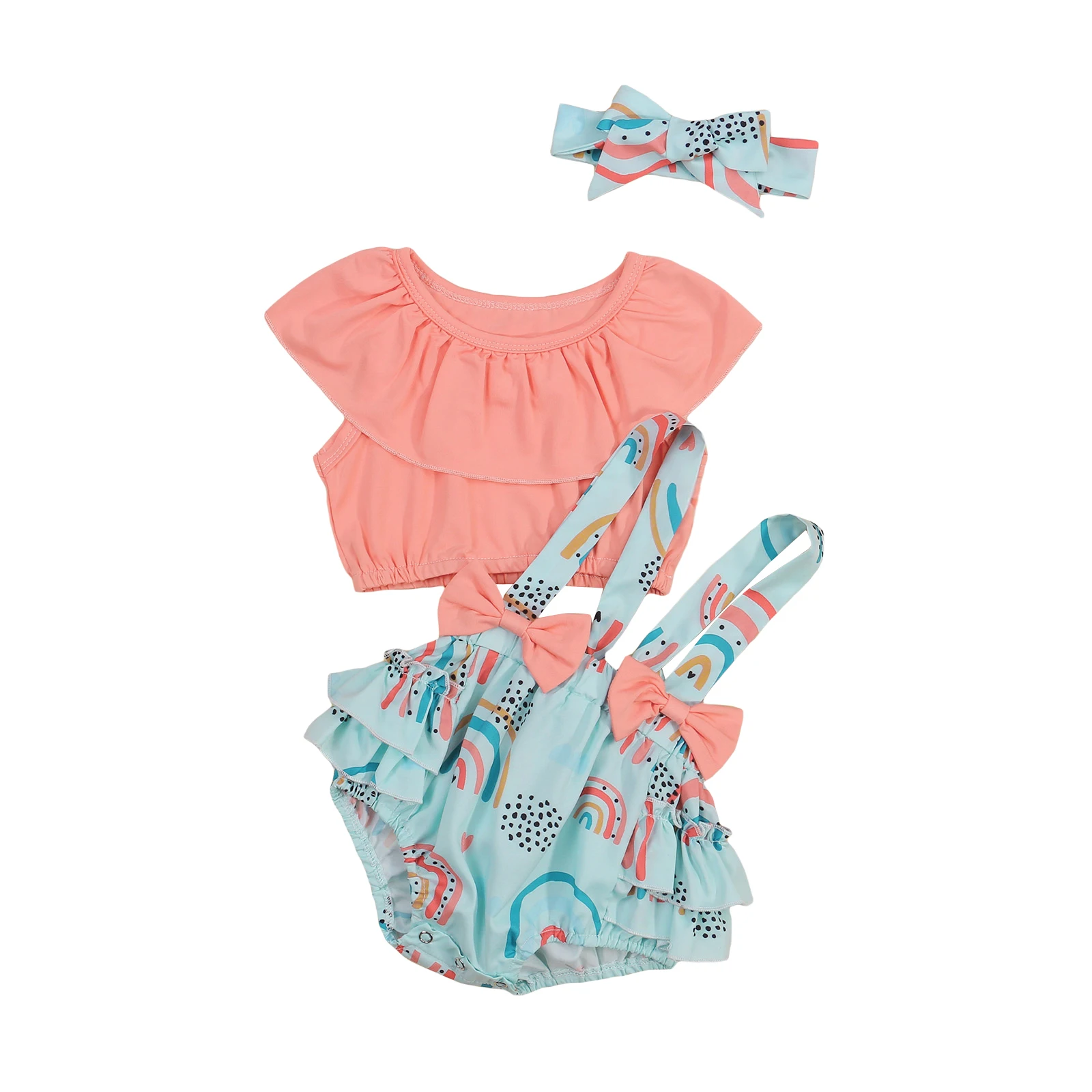 

0-24M 3pcs Baby Girls Clothes Sets Off Shoulder Solid T Shirts Tops Rainbow/Leopard Overalls Shorts+Headband