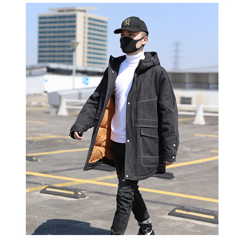 Men's Down Jacket Youth Tops Mid Length Fashion Loose Thickened Hooded Denim Jacket Overcoat Parker Handsome Jackets Warm Coat