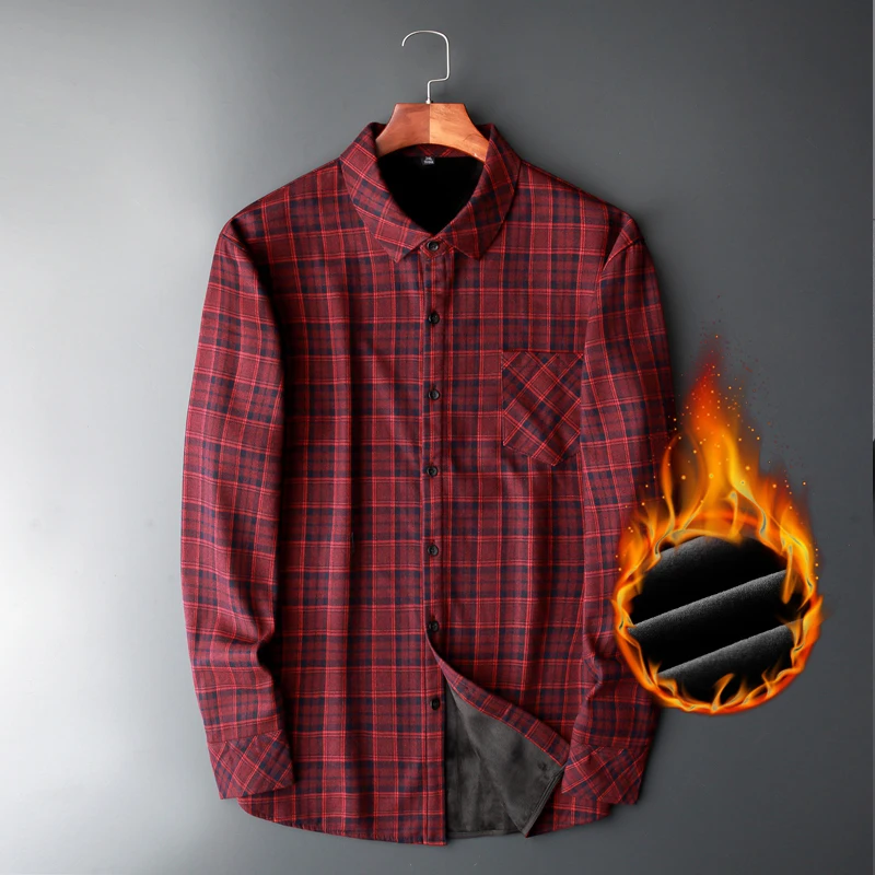 

Large size 7XL 8XL Men's warm thick plaid shirt Men's regular style plus velvet thick casual shirt 2021 winter new