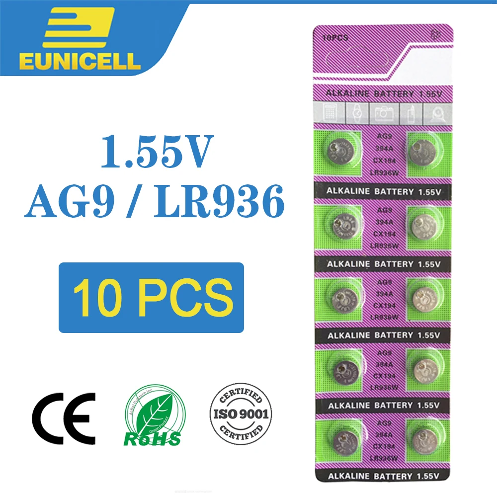 Щелочные батарейки 1 55 в AG9 LR936 LR45 10 шт. 394 SR936 194 SR936SW CX194 L936 G9A AG 9 для часов