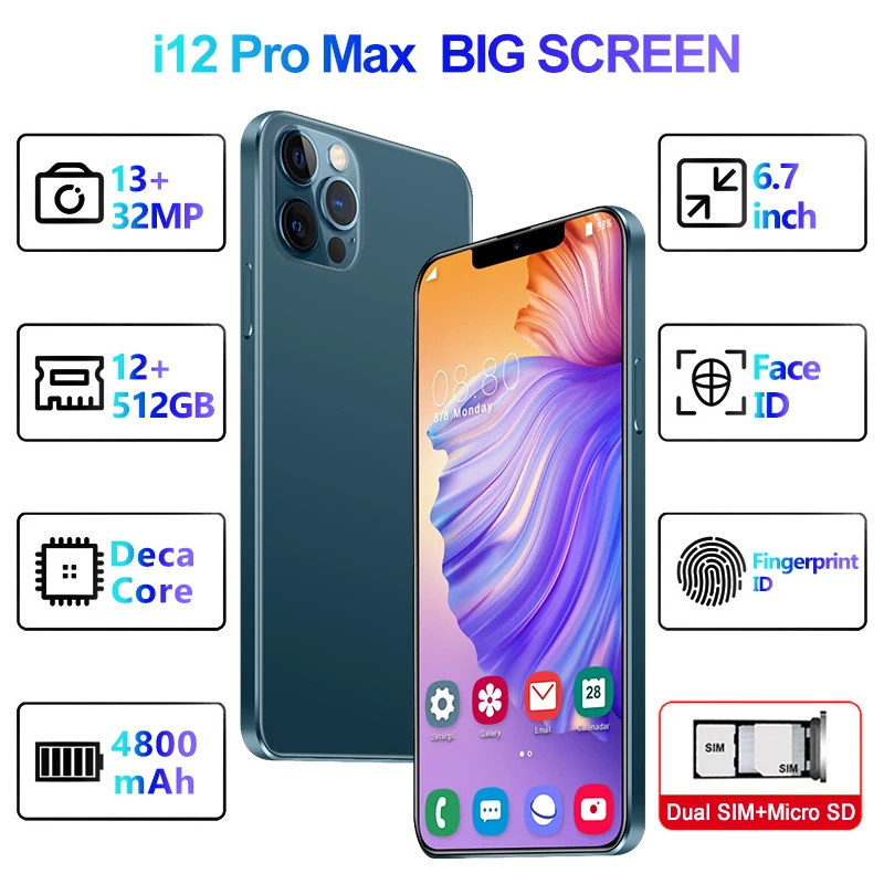 

Global Version i12 Pro Max 12GB 512GB Android 9.1 10 Core 6.7Inch Newest 4800mAh HD Screen 5G Cellphone Mobile Phone Smartphone