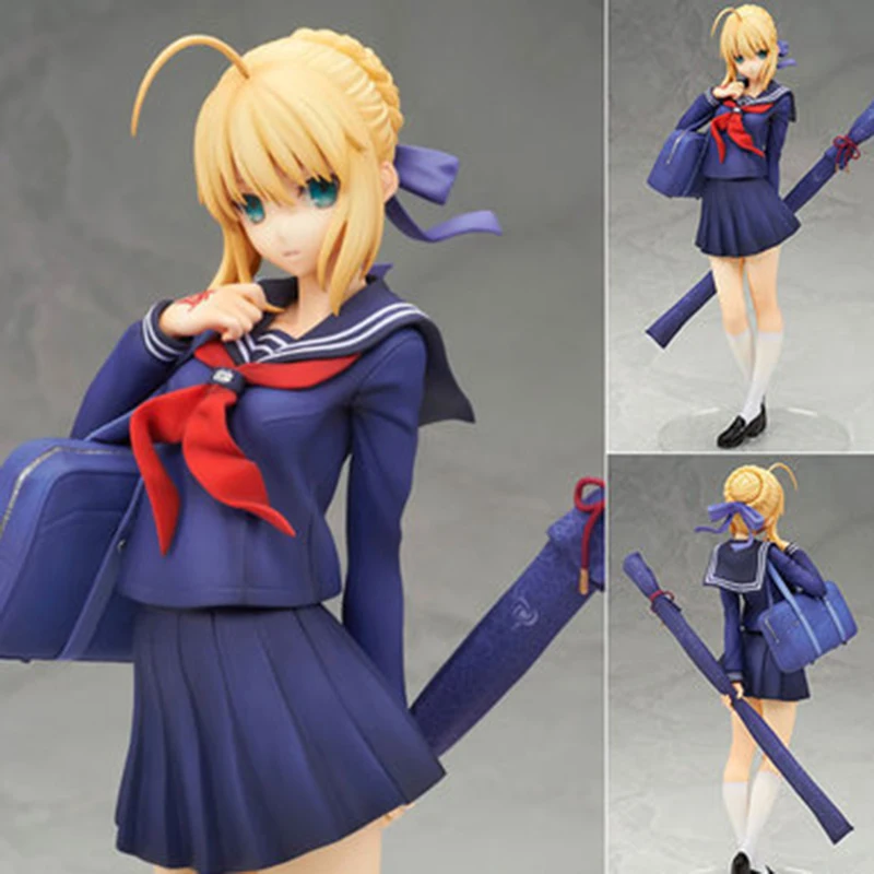 

18cm Anime Fate/stay Night Saber Action Figure Purple School Uniform Standing Posture Carry A Backpack PVC Collection Model Toys