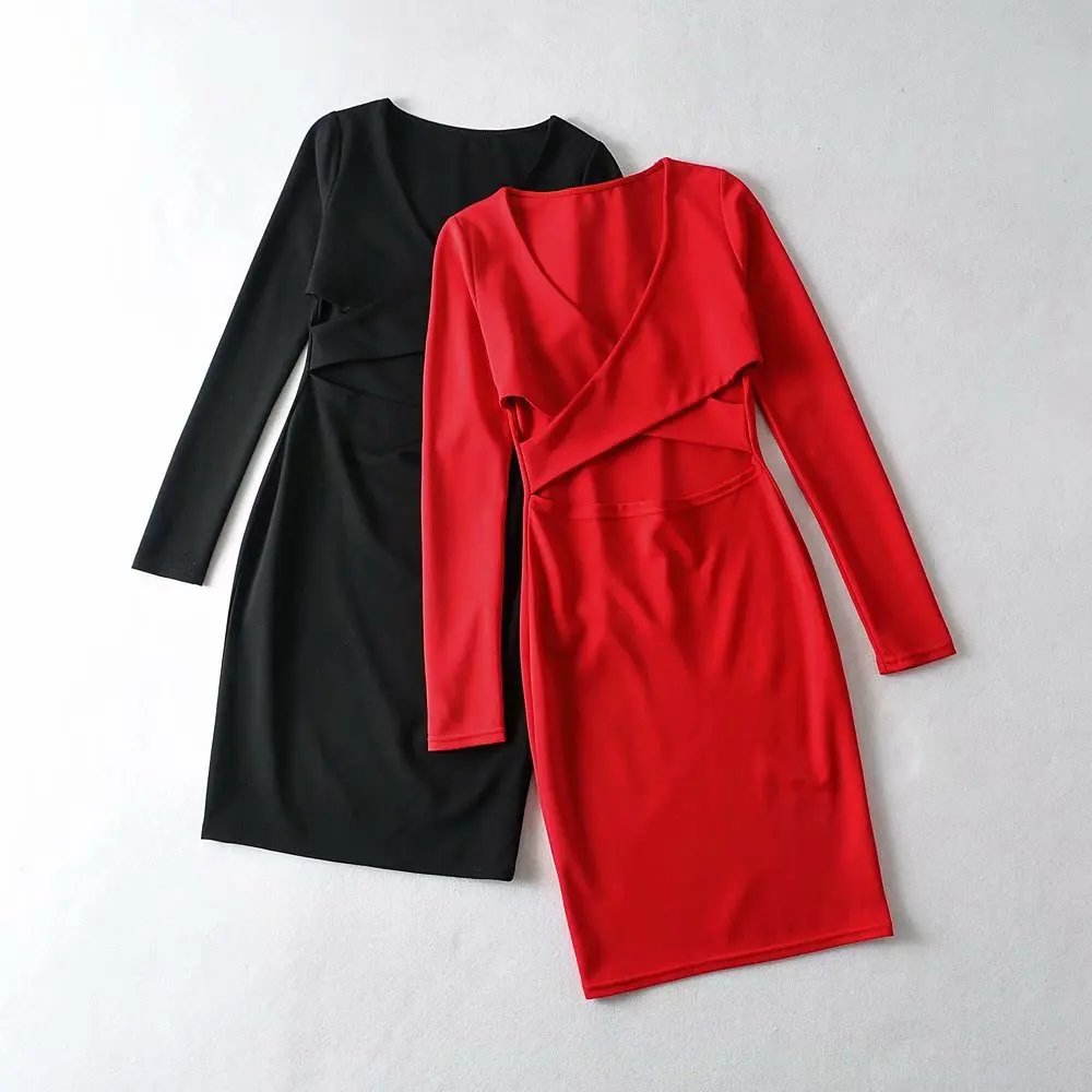 

Spring New European and American Fashion Retro Solid Color Cross Wrapped Chest Waist Hollow Slim Long Sleeve Dress DLQZ1951