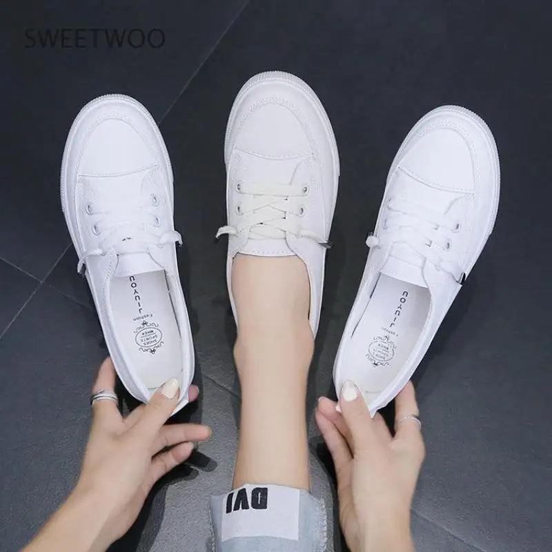 2021 Low platform sneakers women shoes female pu leather Walking sneakers Loafers White flat slip on casual shoes