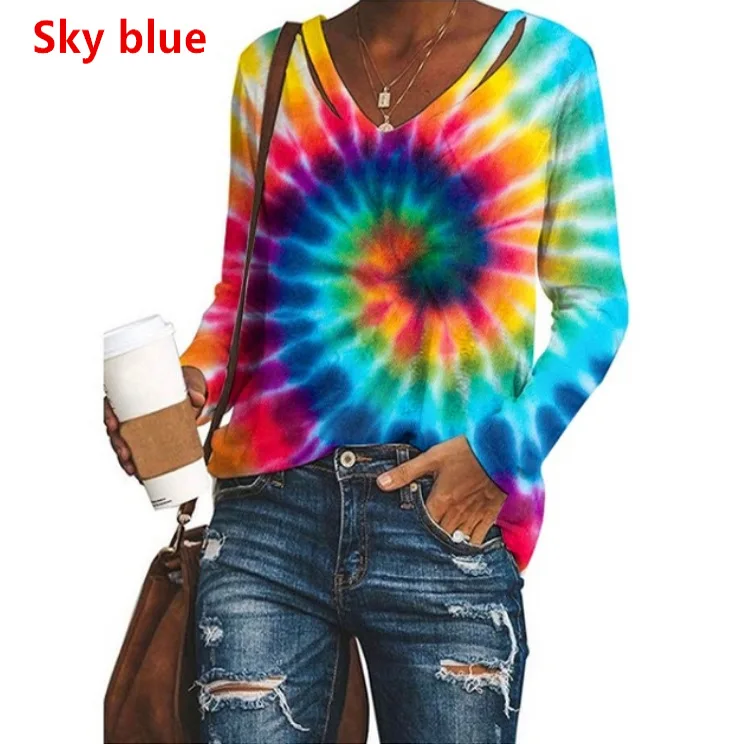 

Women's V-neck Fashion Casual Tie Dye Printed Long Sleeve Loose Shirt T-shirt Autumn 2020 New Pullover Retro Elements Plus Size