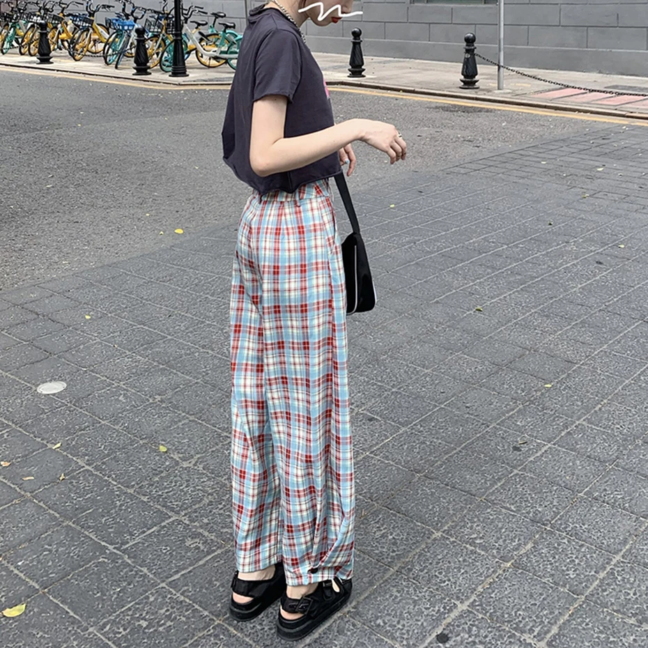 

Women Plus Size Casual High Waist Trouser Female Vintage Korean Style Long Pants Plaid Fashion Streetwear Wide Leg Pants Ladies