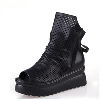 2022 summer black genuine leather ankle boots for women platform high heel wedge sandal booties summer shoes woman botas