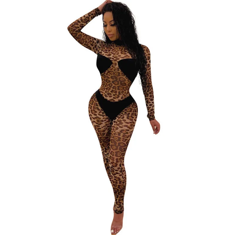 Сексуальные леопардовые Комбинезоны Женский комбинезон 2019 Осень с длинными