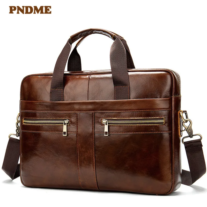 PNDME retro simple genuine leather men's briefcase casual soft top layer cowhide business office messenger bags brown laptop bag