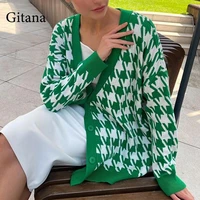 gitana y2k houndstooth knitted oversized cardigan sweater 2021 autumn winter vintage sweater jumper casual cardigan women coats