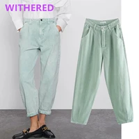 elmsk high waist jeans vintage light green solid loose mom jeans woman pleated turnip denim pants boyfriend jeans for women