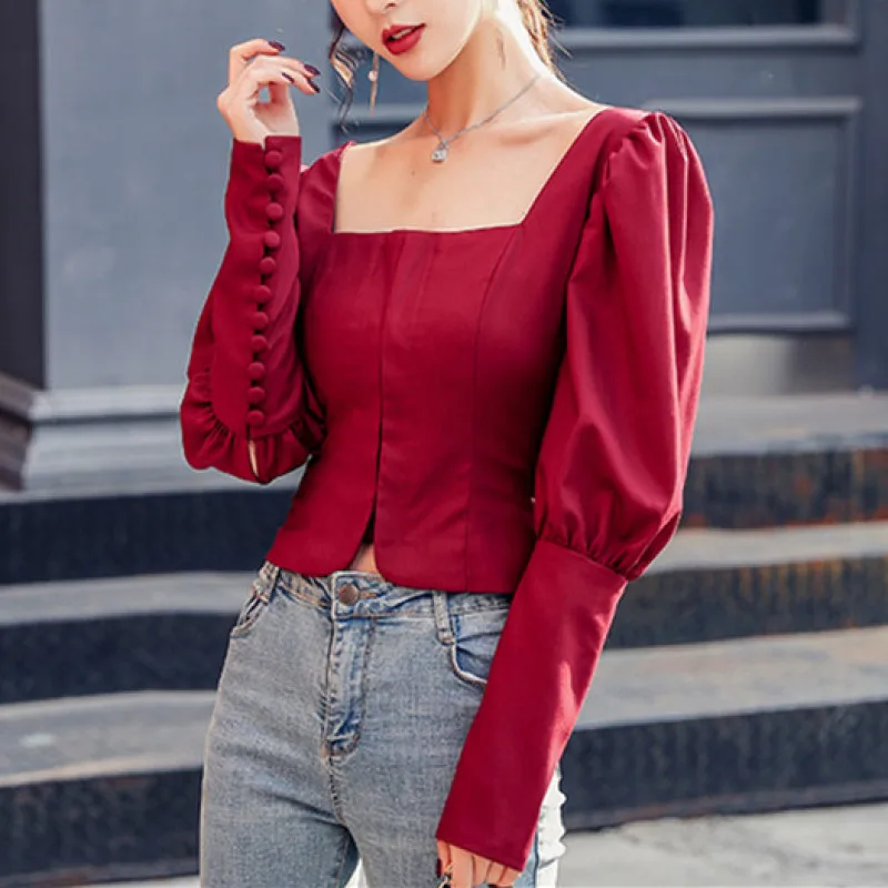 

New 2021 Spring Summer Elegant Women Blouse Puff Sleeve Square Collar Solid Casual Red Shirts Female Wild Office Lady Tops