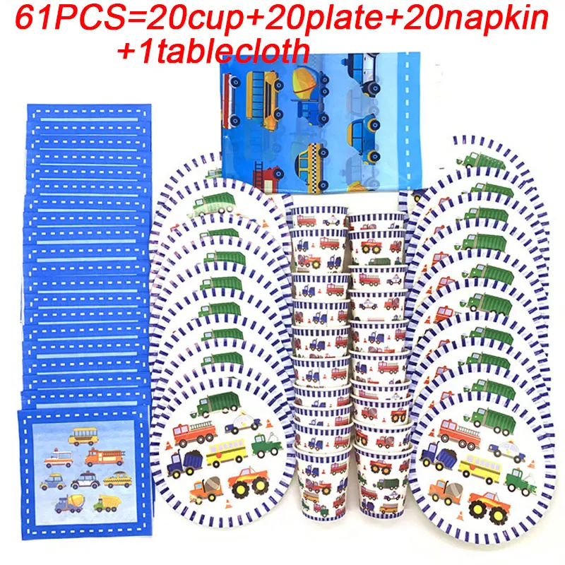 

Christmas Cartoon Car Party Plate Napkins Tablecloth Cup Construction Vehicle Birthday Party Supplies Disposable Tableware Set