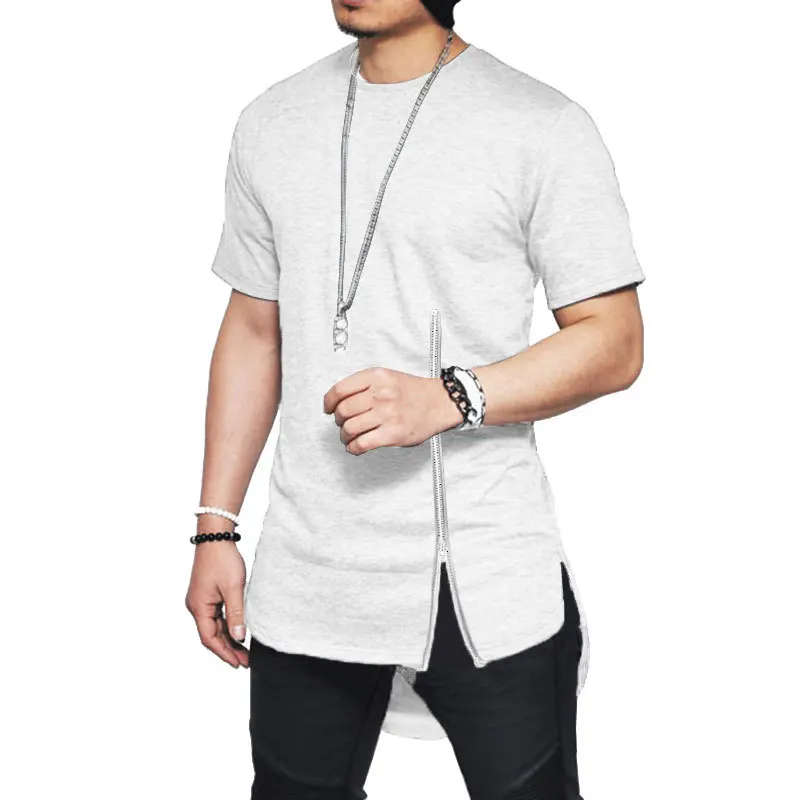 Streetwear Fashion Slim Summer Asymmetrical Men Short Sleeve zipper tshirt Hip-Hop Curved hem Cotton Men's T-Shirts 2XL | Мужская