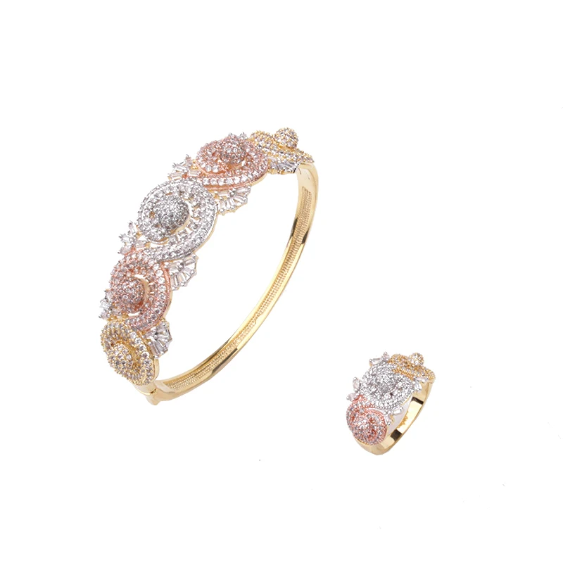 

Модный классический многоцветный гальванический браслет, медный циркониевый браслет с кольцом, Дубай, женские свадебные украшения B1121