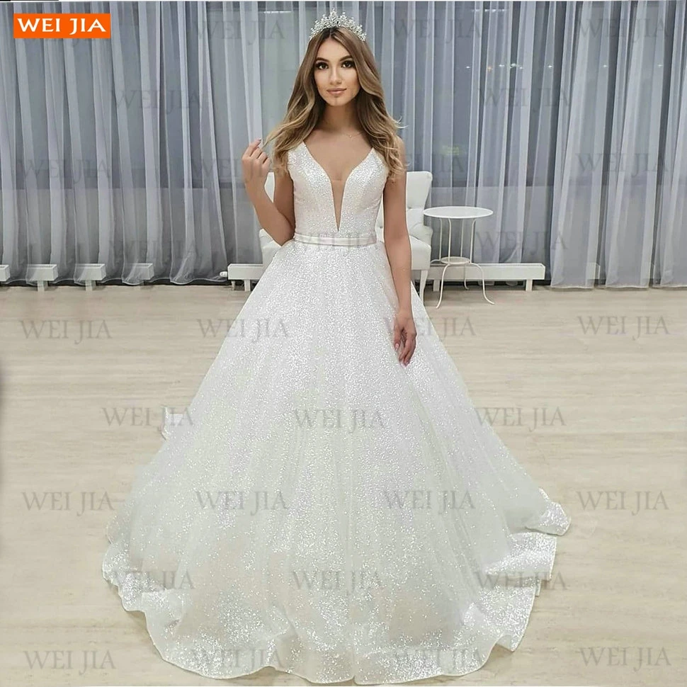

Shiny V Neck Wedding Dresses Long 2021 Hochzeitskleid Lace Up Fluffy Ball Gown Bridal Dress Women Custom Made Robe De Mariage