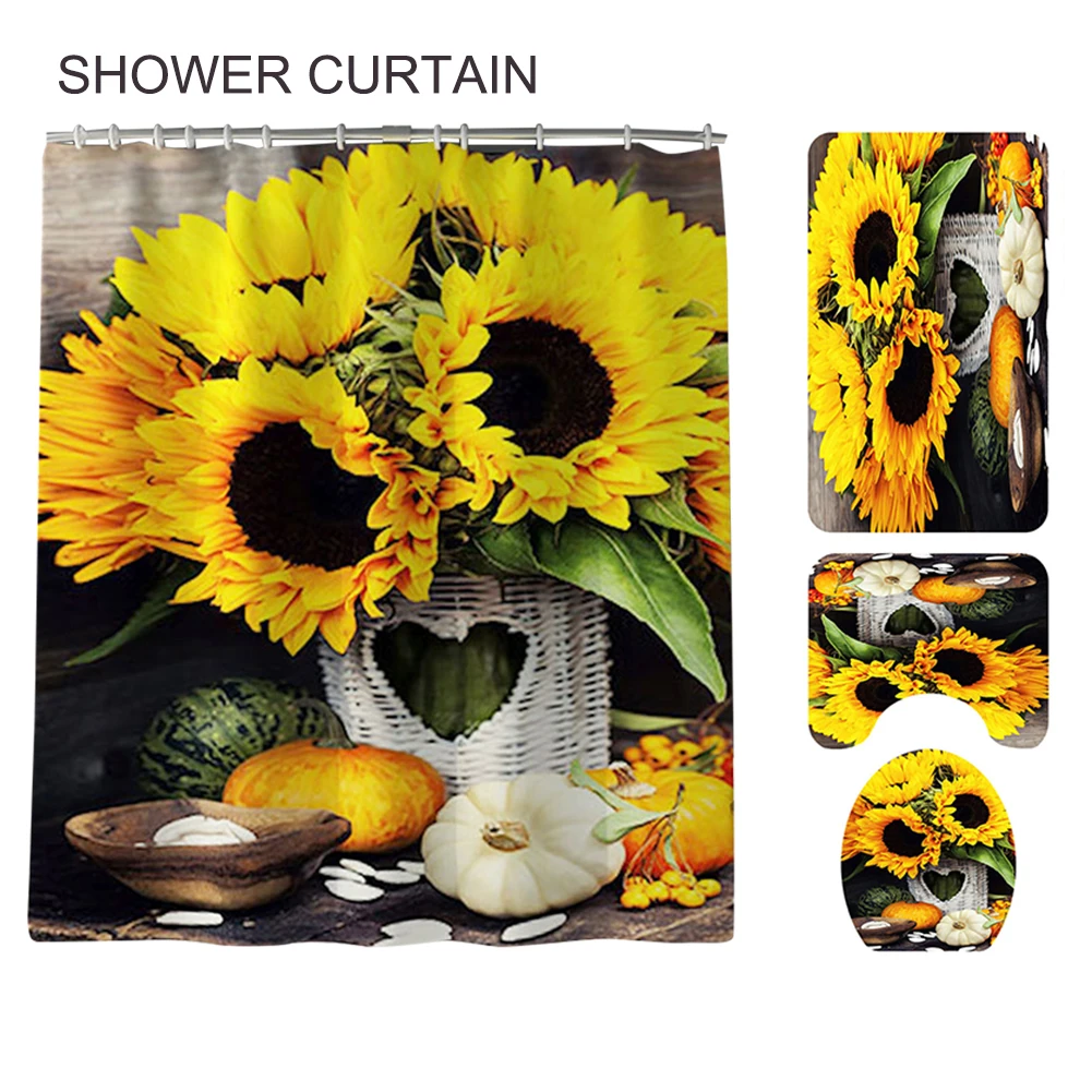 Sunflower print blackout shower curtain ground mat toilet anti-skid suction carpet four-piece suit Home Decorations gift | Дом и сад