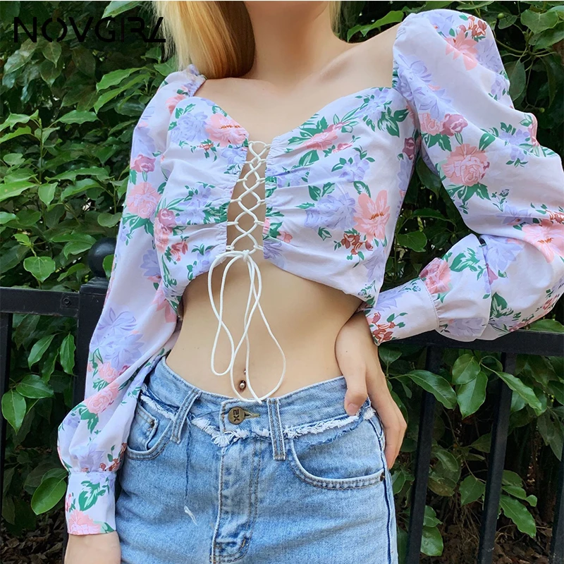 Novgirl/женские короткие топы на шнуровке с цветочным принтом коллекция 2019 года