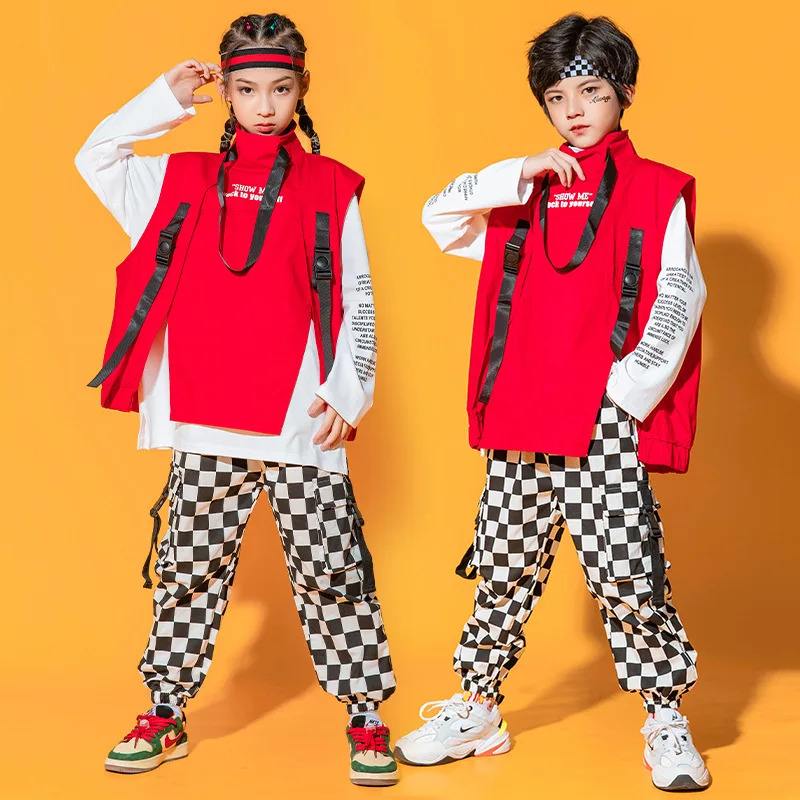 Kid Hip Hop Clothing Sleeveless Jacket Top Streetwear Checkered Tactical Cargo Jogger Pants for Girl Boy Dance Costume Clothes