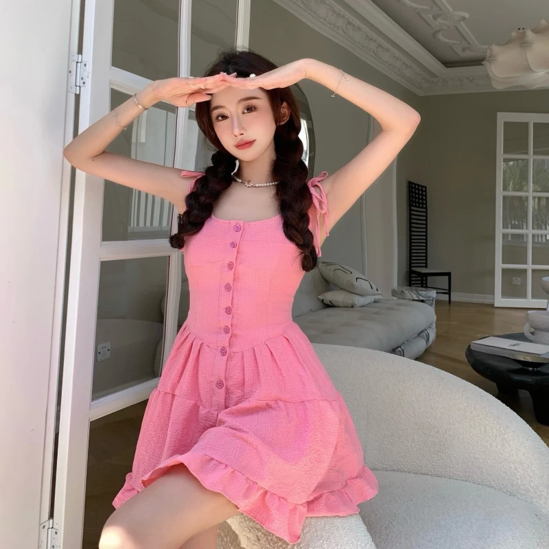 

Summer 2021 New Lace-up Sling Dress Women's French Sweet Style Chiffon A-line Sleeveless Bellflower Dress M353