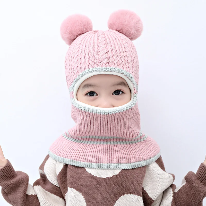 ncmama Ear Flap Winter Hat Scarf Set Warm Knitted Beanie Plush Cotton Cap New Baby Boys Girls Hat Kids Children Outdoor Hat Gift images - 6