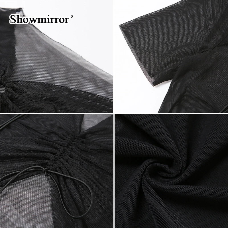 

Showmirror See Through Summer Mini Dress Women Sexy Bandage Night Club Short Sleeve Hollow Out Irregular Mesh Drawstring Dress
