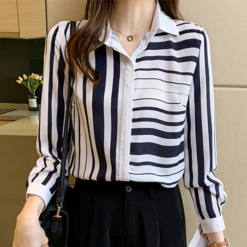 Turn-down Collar Blouse Women Striped Chiffon Shirts  Contrast Color Long Sleeve Blusas Y Camisas Spring Top Mujer Chemise Femme