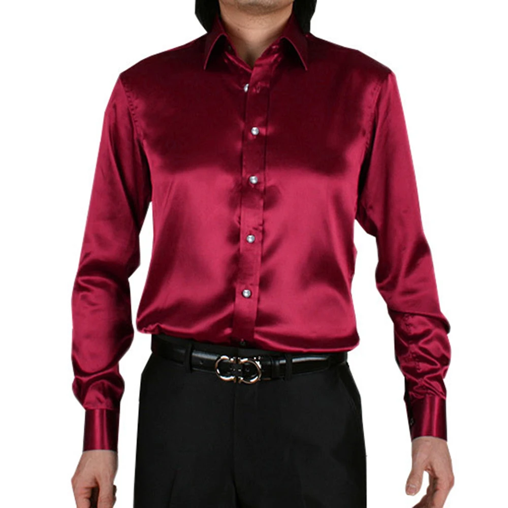 Men Stain Silk Dress Shirts Men Fashion Button Solid Color Shirt Casual Male Shirt Blouse Top Elegant