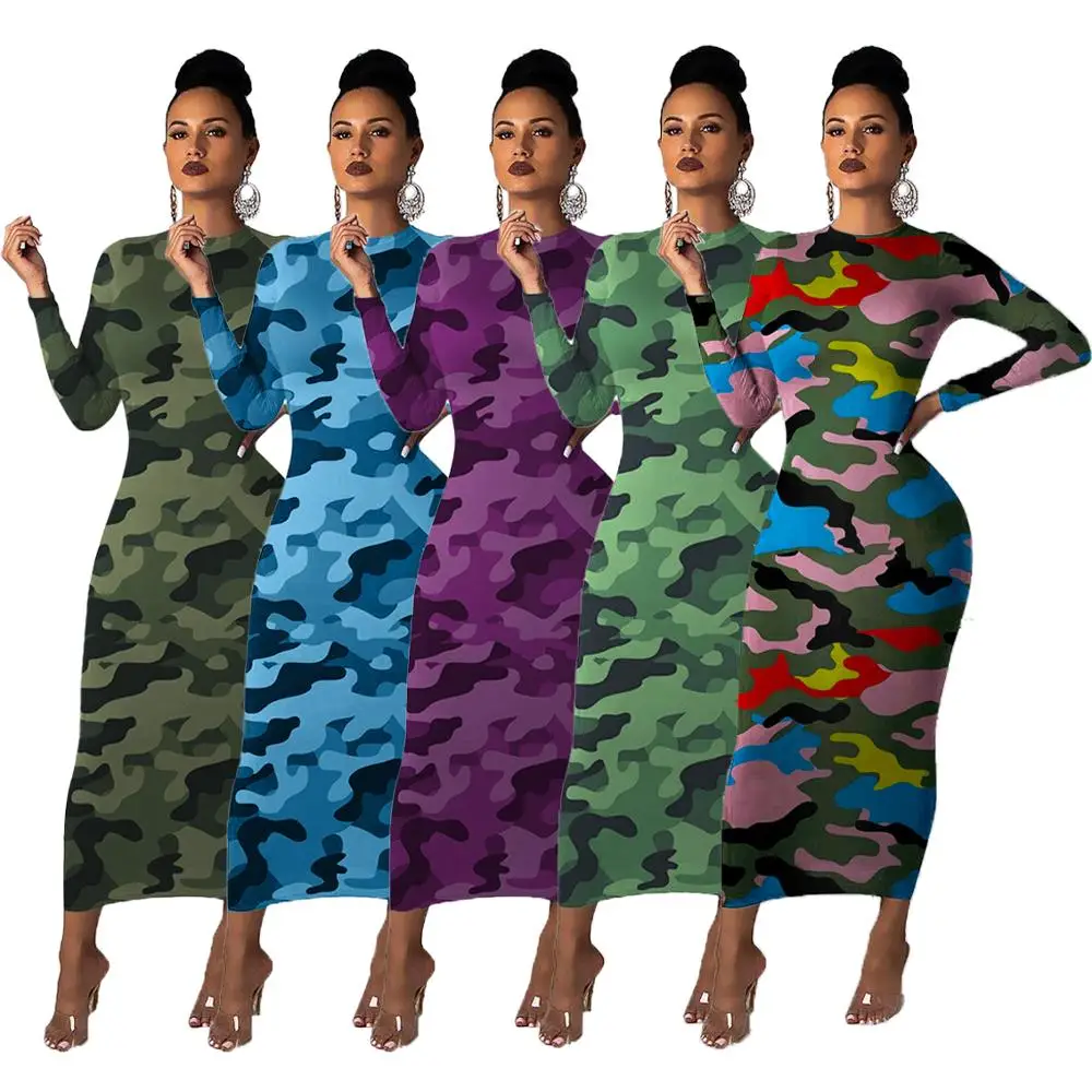 

Sexy Camouflage Dress Long Sleeve Elegant Casual Autumn Dress Ladies Women Fall Wear Bodycon Long Sundress Fall Winter 2020