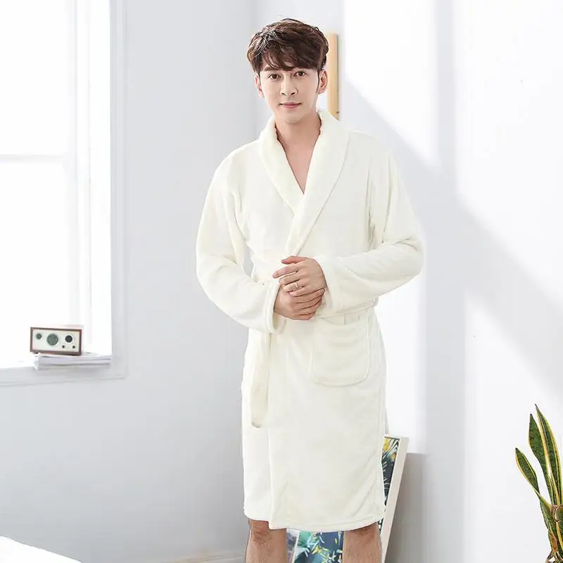Couple Lounge Kimono Gown Coral Fleece Warm Robe Bathrobe Winter Casual Home Clothing Women Soft Flannel Nightgown Sleepwear - Цвет: White D
